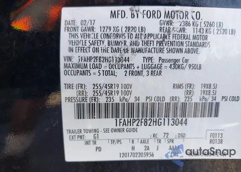 2017 Ford Taurus Limited z USA, uszkodzony, nr VIN 1FAHP2F82HG113044